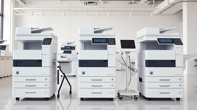 Row of modern multifunction copiers